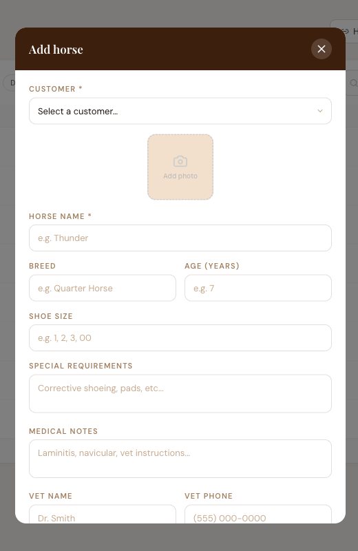 Add horse dialog with fields for name, breed, age, shoe size, special requirements, medical notes and vet contact