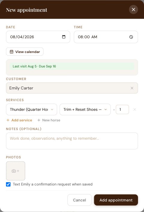 New appointment dialog with the option to text the customer a confirmation request when saved