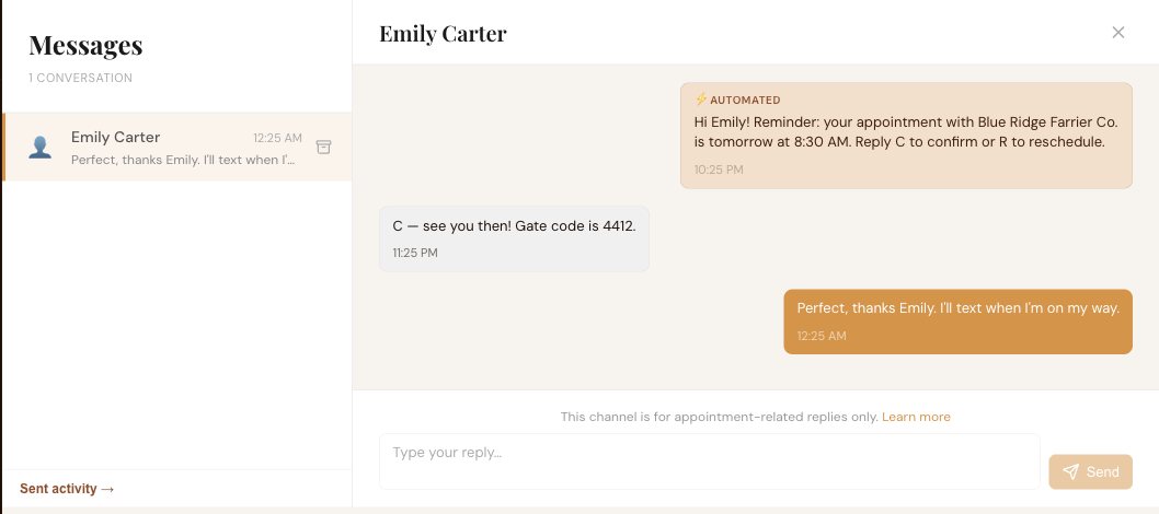 Messages inbox showing an automated reminder, the customer's reply with a gate code, and the farrier's reply