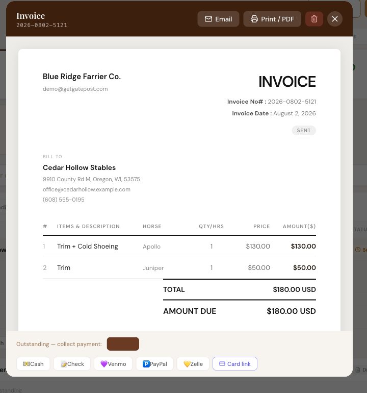 Invoice PDF preview for Cedar Hollow Stables with email and print buttons