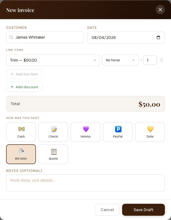 New invoice dialog with payment method buttons for cash, check, Venmo, PayPal, Zelle, bill later and quote