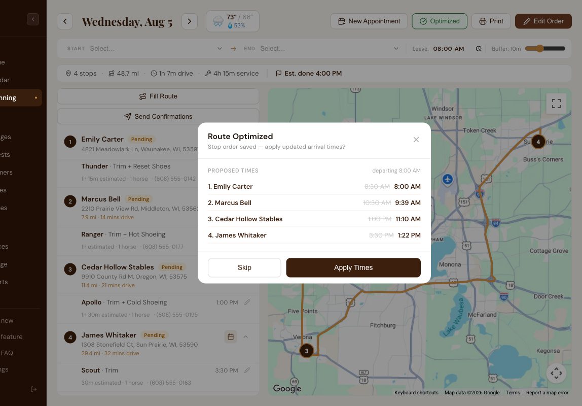 Route planner with the Route Optimized dialog proposing new arrival times for four stops