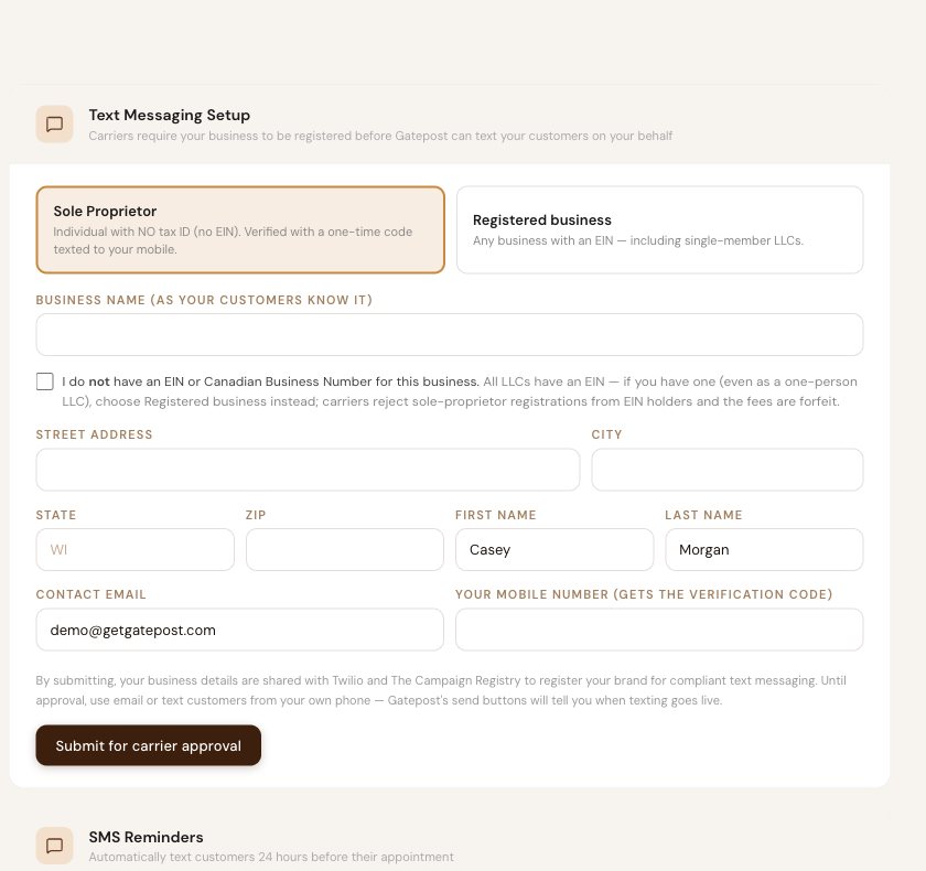 Text messaging setup form with sole proprietor and registered business options and a submit for carrier approval button