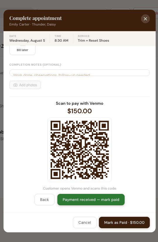 Complete appointment dialog showing a Venmo QR code for $150 with a payment received button